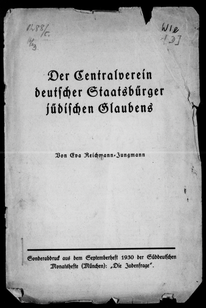 Eva Reichmann-Jungmann also wrote a history of the C.V., published in 1930, as part of the&nbsp;Süddeutsche&nbsp;Monatshefte&nbsp;27:12. This rare copy can be found in the LBI’s&nbsp;Eva Reichmann Collection (AR 904 / MF 915,&nbsp;Box 2,&nbsp;Folder 4).