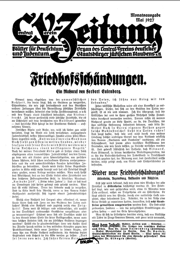 Herbert Eulenberg’s op-ed on the cover page of the C.V.-Zeitung (May 1927). 
