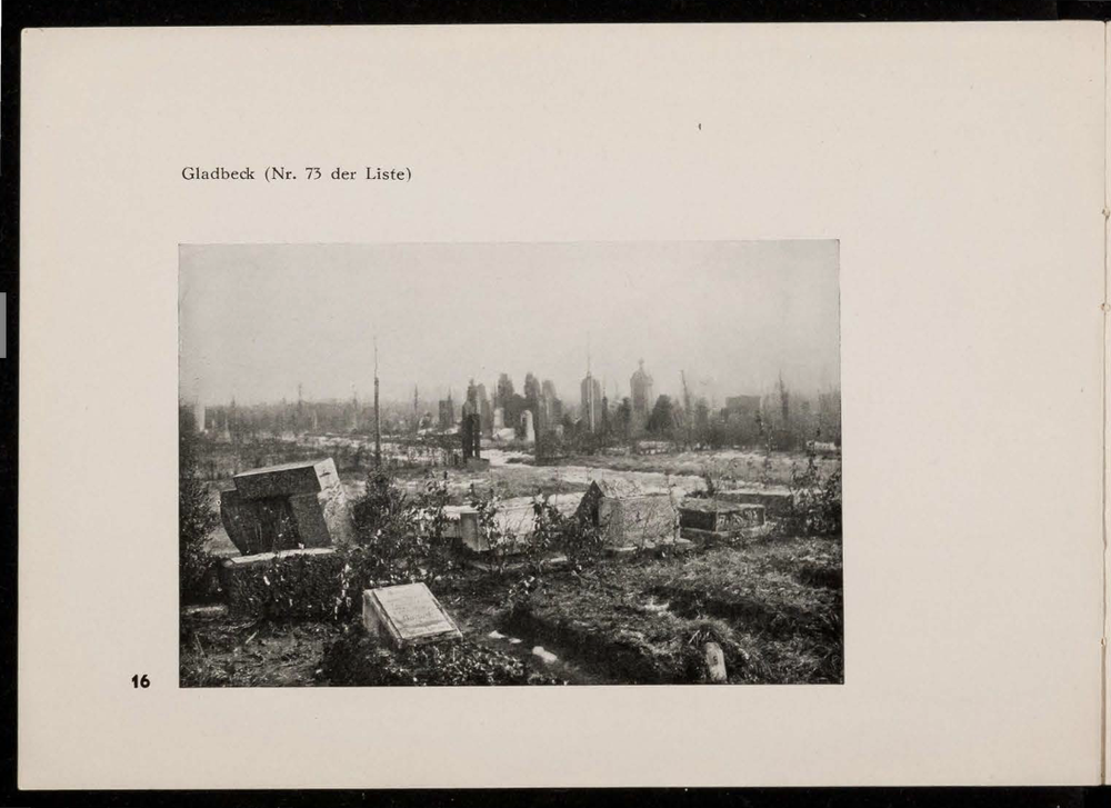 Picture of damage done to the Jewish cemetery in&nbsp;Gladbeck, a town in North Rhine-Westphalia,&nbsp;in 1929, page 16.&nbsp;In the more detailed description of the incident, it says:&nbsp;"During the night of 19–20 January, five gravestones were overturned, several graves vandalised, and flowers cut off.&nbsp;(...)&nbsp;The perpetrators, who had left the NSDAP a few days earlier on the grounds that the movement was not radical enough for them, were sentenced to four and three months in prison respectively&nbsp;(...),"&nbsp;page 21–22